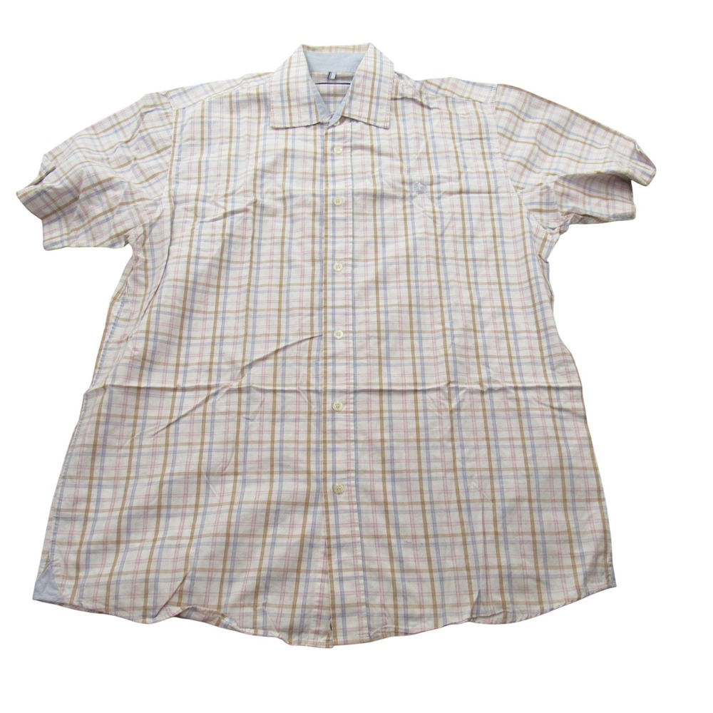 Fred Perry Mens Large Short Sleeve Button Down Shirt Plaid‎ Tan Blue Pink Logo